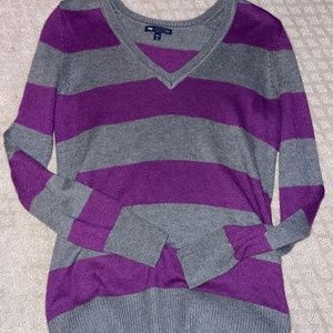 grey and purple striped sweater